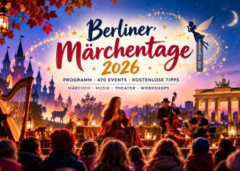 KI-generierte Illustration der Berliner Märchentage 2026 mit Märchenerzählerin, Harfe, Kindern, fantasievoller Kulisse und Berliner Wahrzeichen