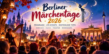 KI-generierte Illustration der Berliner Märchentage 2026 mit Märchenerzählerin, Harfe, Kindern, fantasievoller Kulisse und Berliner Wahrzeichen