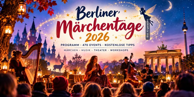 KI-generierte Illustration der Berliner Märchentage 2026 mit Märchenerzählerin, Harfe, Kindern, fantasievoller Kulisse und Berliner Wahrzeichen