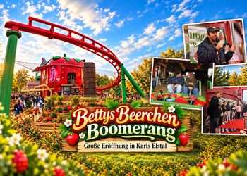 Bettys Beerchen Boomerang bei Karls Elstal zur Eröffnung 2026 mit Robert Dahl und Teilnehmern der 24h-Challenge