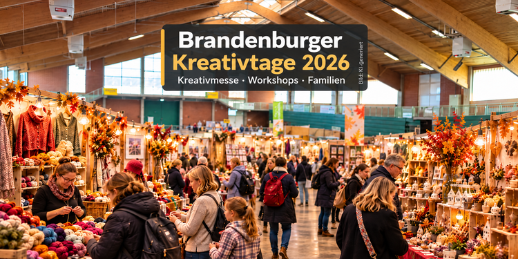KI-generierte Darstellung der Brandenburger Kreativtage 2026 mit Besuchern, Bastelständen, Wolle und Kunsthandwerk in einer Messehalle im Erlebnispark Paaren.
