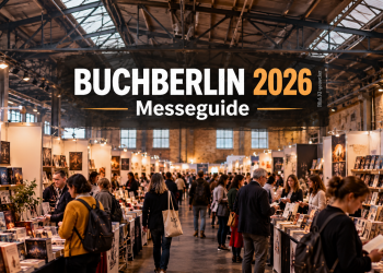 KI-generierte Darstellung der BUCHBERLIN 2026 in der Arena Berlin mit zahlreichen Bücherständen, Besuchern und industrieller Hallenarchitektur.
