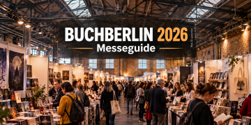 KI-generierte Darstellung der BUCHBERLIN 2026 in der Arena Berlin mit zahlreichen Bücherständen, Besuchern und industrieller Hallenarchitektur.