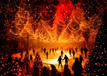 DARK MATTER WINTERLIGHTS 2026 in Berlin: Besucher laufen Schlittschuh auf einer leuchtenden Eisbahn unter Tausenden orange-roten Lichtern und hängenden Tannenbäumen.