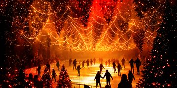 DARK MATTER WINTERLIGHTS 2026 in Berlin: Besucher laufen Schlittschuh auf einer leuchtenden Eisbahn unter Tausenden orange-roten Lichtern und hängenden Tannenbäumen.