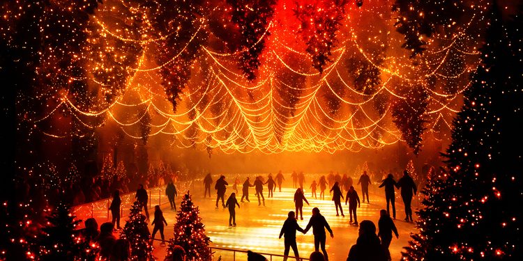 DARK MATTER WINTERLIGHTS 2026 in Berlin: Besucher laufen Schlittschuh auf einer leuchtenden Eisbahn unter Tausenden orange-roten Lichtern und hängenden Tannenbäumen.