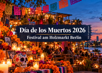 KI-generierte Darstellung des Día de los Muertos 2026 am Holzmarkt Berlin mit mexikanischen Totenköpfen, orangefarbenen Blumen, Kerzen und festlicher Beleuchtung.