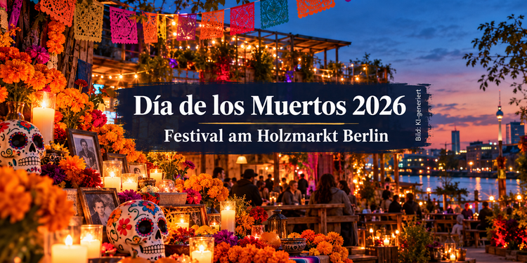 KI-generierte Darstellung des Día de los Muertos 2026 am Holzmarkt Berlin mit mexikanischen Totenköpfen, orangefarbenen Blumen, Kerzen und festlicher Beleuchtung.