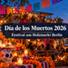KI-generierte Darstellung des Día de los Muertos 2026 am Holzmarkt Berlin mit mexikanischen Totenköpfen, orangefarbenen Blumen, Kerzen und festlicher Beleuchtung.