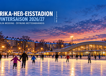 KI-generierte Winterabend-Illustration zur Eisbahn im Erika-Heß-Eisstadion Berlin-Wedding mit Schlittschuhläufern und beleuchteter Eishalle