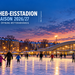 KI-generierte Winterabend-Illustration zur Eisbahn im Erika-Heß-Eisstadion Berlin-Wedding mit Schlittschuhläufern und beleuchteter Eishalle