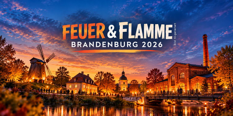 KI-generierte Illustration zu Feuer und Flamme Brandenburg 2026 mit beleuchteter Windmühle, historischen Gebäuden und herbstlicher Abendstimmung