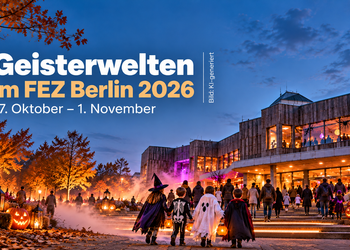 Geisterwelten im FEZ Berlin 2026 mit verkleideten Kindern, Kürbissen und Halloween-Atmosphäre