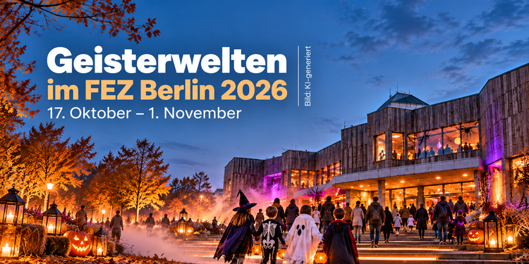 Geisterwelten im FEZ Berlin 2026 mit verkleideten Kindern, Kürbissen und Halloween-Atmosphäre