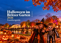 KI-generiertes Halloween-Motiv für den Britzer Garten 2026 mit zwei verkleideten Kindern, leuchtenden Kürbissen, Laternen und herbstlicher Parkkulisse.