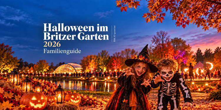KI-generiertes Halloween-Motiv für den Britzer Garten 2026 mit zwei verkleideten Kindern, leuchtenden Kürbissen, Laternen und herbstlicher Parkkulisse.