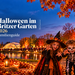 KI-generiertes Halloween-Motiv für den Britzer Garten 2026 mit zwei verkleideten Kindern, leuchtenden Kürbissen, Laternen und herbstlicher Parkkulisse.