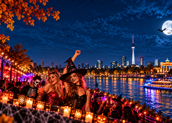Halloween-Party in Berlin mit verkleideten Gästen, Kürbissen und nächtlicher Stadtkulisse an der Spree