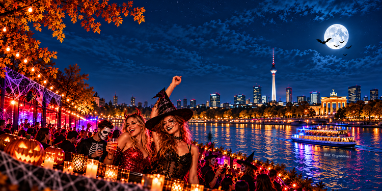 Halloween-Party in Berlin mit verkleideten Gästen, Kürbissen und nächtlicher Stadtkulisse an der Spree