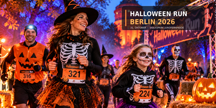 KI-Illustration zum Halloween Run Berlin 2026 mit kostümierten Läufern, leuchtenden Kürbissen und einem beleuchteten Turm im Park.