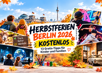 Herbstferien Berlin 2026 kostenlos – Collage mit Ferienangeboten, Workshops, Museen und Ausflügen für Familien