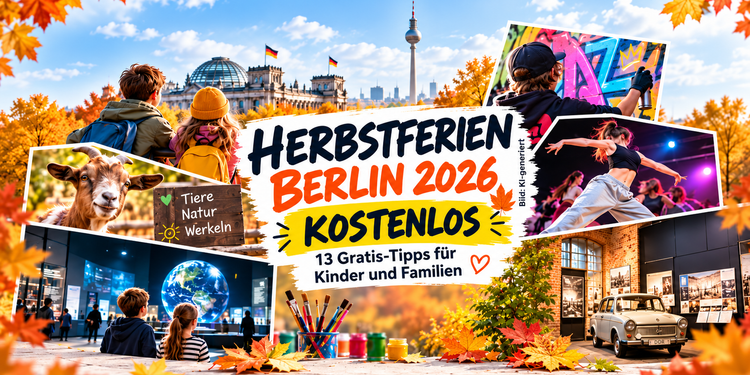 Herbstferien Berlin 2026 kostenlos – Collage mit Ferienangeboten, Workshops, Museen und Ausflügen für Familien