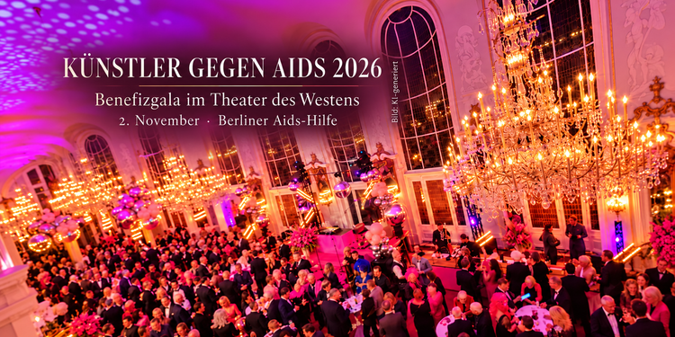 KI-generiertes Beitragsbild zu Künstler gegen Aids 2026 mit festlichem Empfang, Gästen und Kronleuchtern im Theater des Westens in Berlin.