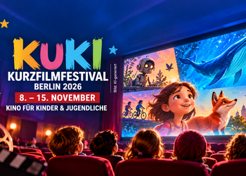 KI-generiertes Beitragsbild zum KUKI Kurzfilmfestival Berlin 2026 mit Kindern im Kinosaal und fantasievollen Animationswelten auf der Leinwand