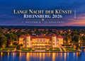 KI-generierte Abendansicht von Schloss Rheinsberg am See mit dem Schriftzug „Lange Nacht der Künste Rheinsberg 2026“