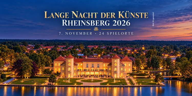 KI-generierte Abendansicht von Schloss Rheinsberg am See mit dem Schriftzug „Lange Nacht der Künste Rheinsberg 2026“