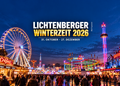 KI-generierte Darstellung der Lichtenberger Winterzeit 2026 mit beleuchtetem Riesenrad, Achterbahn, Geisterbahn und Winterrummel in Berlin.
