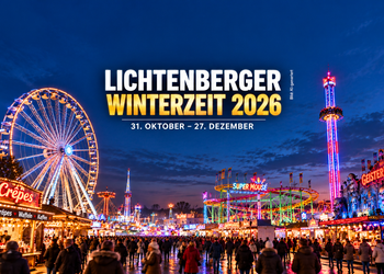 KI-generierte Darstellung der Lichtenberger Winterzeit 2026 mit beleuchtetem Riesenrad, Achterbahn, Geisterbahn und Winterrummel in Berlin.