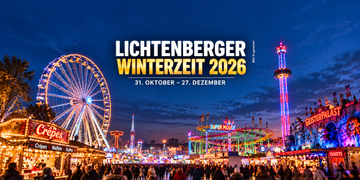 KI-generierte Darstellung der Lichtenberger Winterzeit 2026 mit beleuchtetem Riesenrad, Achterbahn, Geisterbahn und Winterrummel in Berlin.