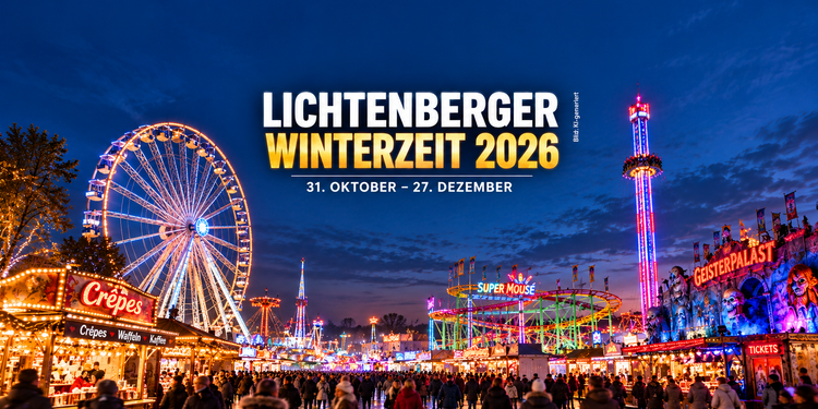 KI-generierte Darstellung der Lichtenberger Winterzeit 2026 mit beleuchtetem Riesenrad, Achterbahn, Geisterbahn und Winterrummel in Berlin.