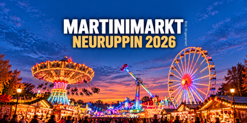 KI-generierte Illustration zum Martinimarkt Neuruppin 2026 mit Riesenrad, Karussell und bunt beleuchteten Kirmesbuden