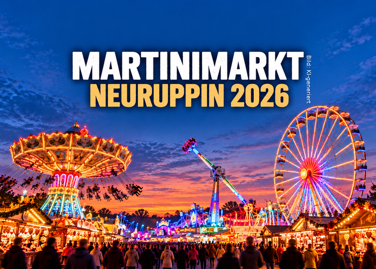 KI-generierte Illustration zum Martinimarkt Neuruppin 2026 mit Riesenrad, Karussell und bunt beleuchteten Kirmesbuden
