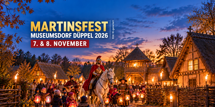 KI-generierte Illustration zum Martinsfest im Museumsdorf Düppel 2026: Sankt Martin reitet auf einem weißen Pferd, begleitet von Familien mit leuchtenden Laternen.
