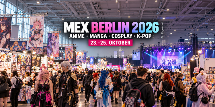 KI-generierte Illustration zur MEX Berlin 2026 mit Cosplayern, Anime- und Manga-Verkaufsständen sowie einer beleuchteten Convention-Bühne.