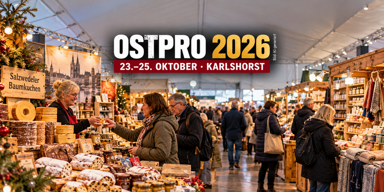 KI-generierte Darstellung der OSTPRO Berlin 2026 mit Baumkuchen, regionalen Spezialitäten und Besuchern an Verkaufsständen.