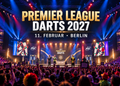 KI-generierte Illustration zur Premier League Darts 2027 mit beleuchteter Darts-Bühne und begeisterten Zuschauern in einer Arena.
