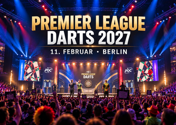 KI-generierte Illustration zur Premier League Darts 2027 mit beleuchteter Darts-Bühne und begeisterten Zuschauern in einer Arena.