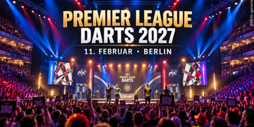 KI-generierte Illustration zur Premier League Darts 2027 mit beleuchteter Darts-Bühne und begeisterten Zuschauern in einer Arena.