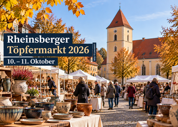 Rheinsberger Töpfermarkt 2026 mit Keramikständen in der historischen Innenstadt