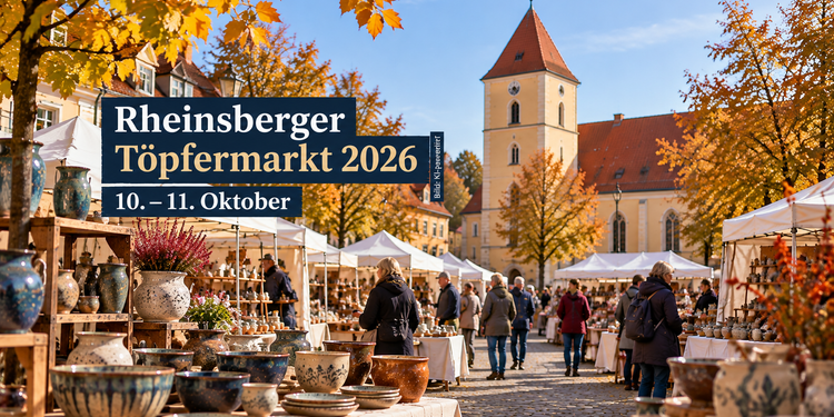 Rheinsberger Töpfermarkt 2026 mit Keramikständen in der historischen Innenstadt