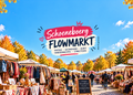 KI-generierte Illustration des Schoeneboerg Flowmarkts in Berlin-Schöneberg mit Vintage-Kleidung, Secondhand-Ständen und herbstlicher Marktatmosphäre.