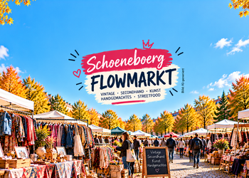 KI-generierte Illustration des Schoeneboerg Flowmarkts in Berlin-Schöneberg mit Vintage-Kleidung, Secondhand-Ständen und herbstlicher Marktatmosphäre.