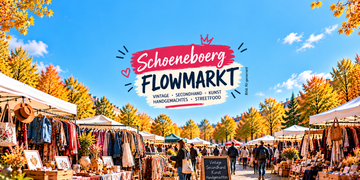 KI-generierte Illustration des Schoeneboerg Flowmarkts in Berlin-Schöneberg mit Vintage-Kleidung, Secondhand-Ständen und herbstlicher Marktatmosphäre.