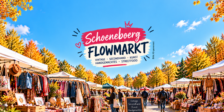 KI-generierte Illustration des Schoeneboerg Flowmarkts in Berlin-Schöneberg mit Vintage-Kleidung, Secondhand-Ständen und herbstlicher Marktatmosphäre.