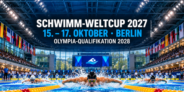 KI-generierte Darstellung von drei Schmetterlingsschwimmern in einer großen Wettkampfhalle zum Schwimm-Weltcup 2027 in Berlin.