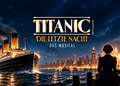 KI-generiertes Motiv zum Titanic-Musical Berlin 2028 mit beleuchtetem Ozeandampfer, nächtlicher Skyline und einer Frau am Hafen.